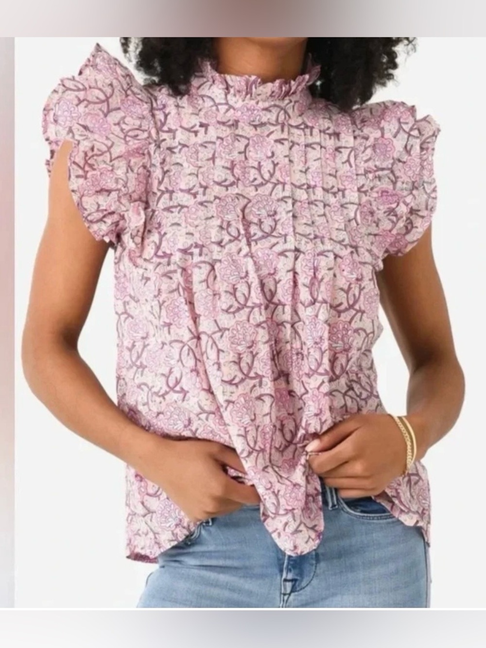 Sur La Vague Floral Hand Block Print Ruffle Pintuck Blouse One Size